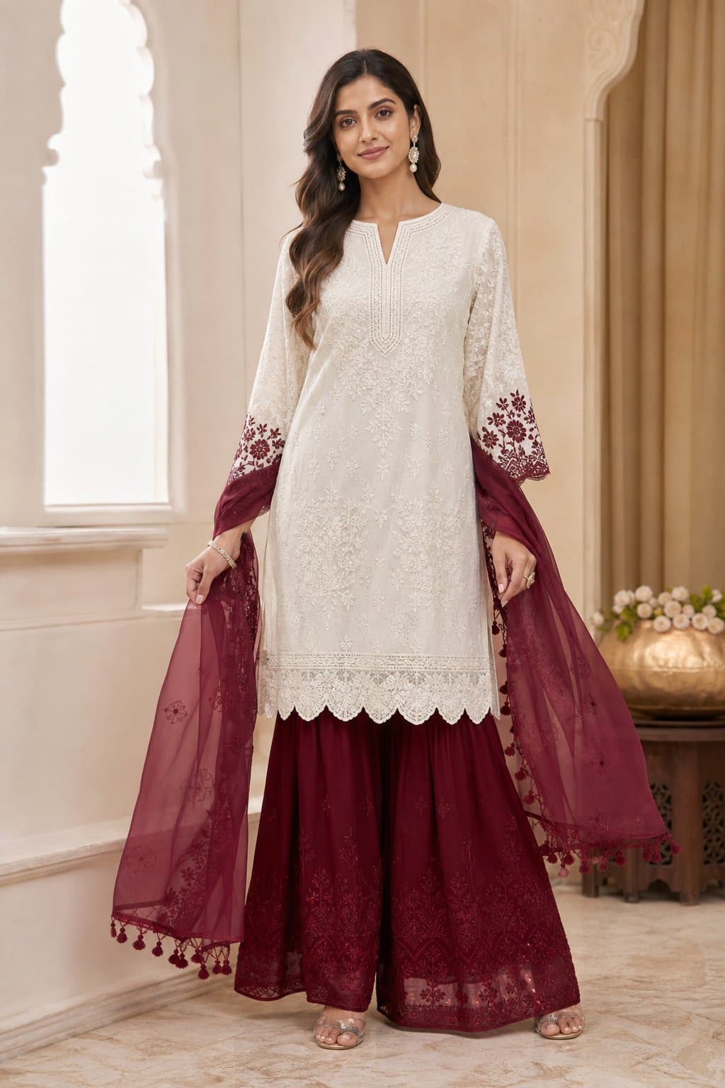 Ivory Burgundy Chikankari Sharara Set