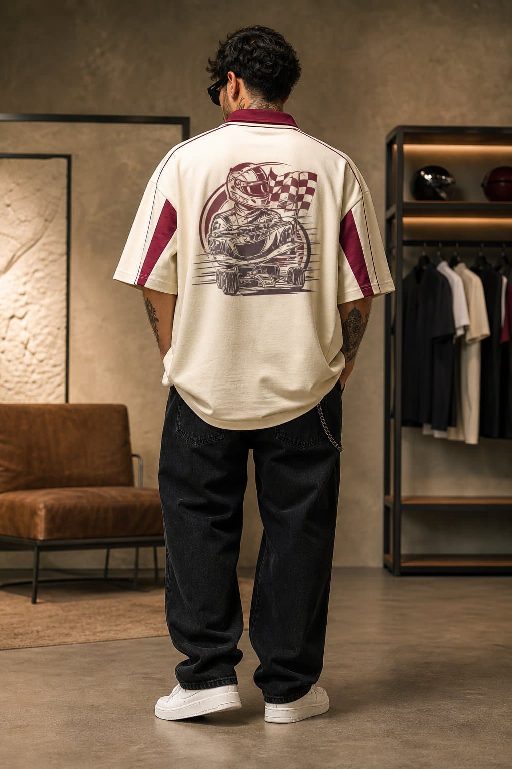 Cream Maroon Racing Oversized Polo — view 2