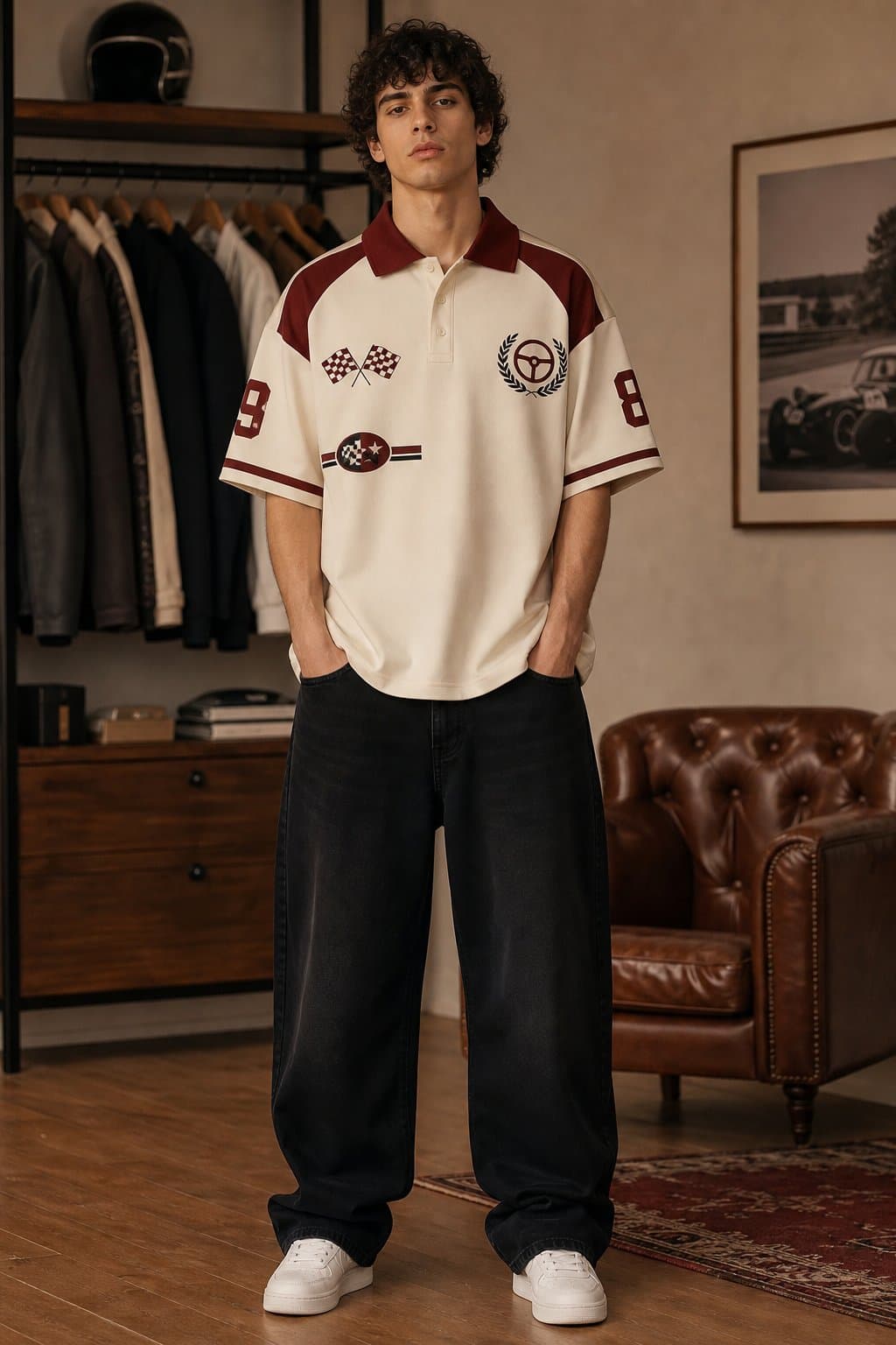 Cream Maroon Racing Oversized Polo