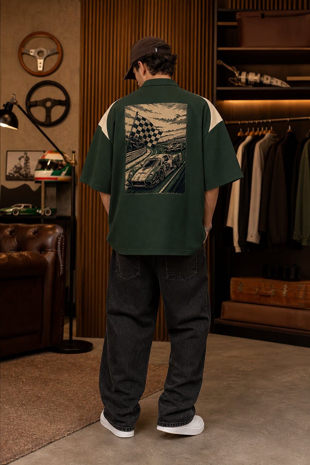 Forest Grid Racing Oversized Polo — view 2