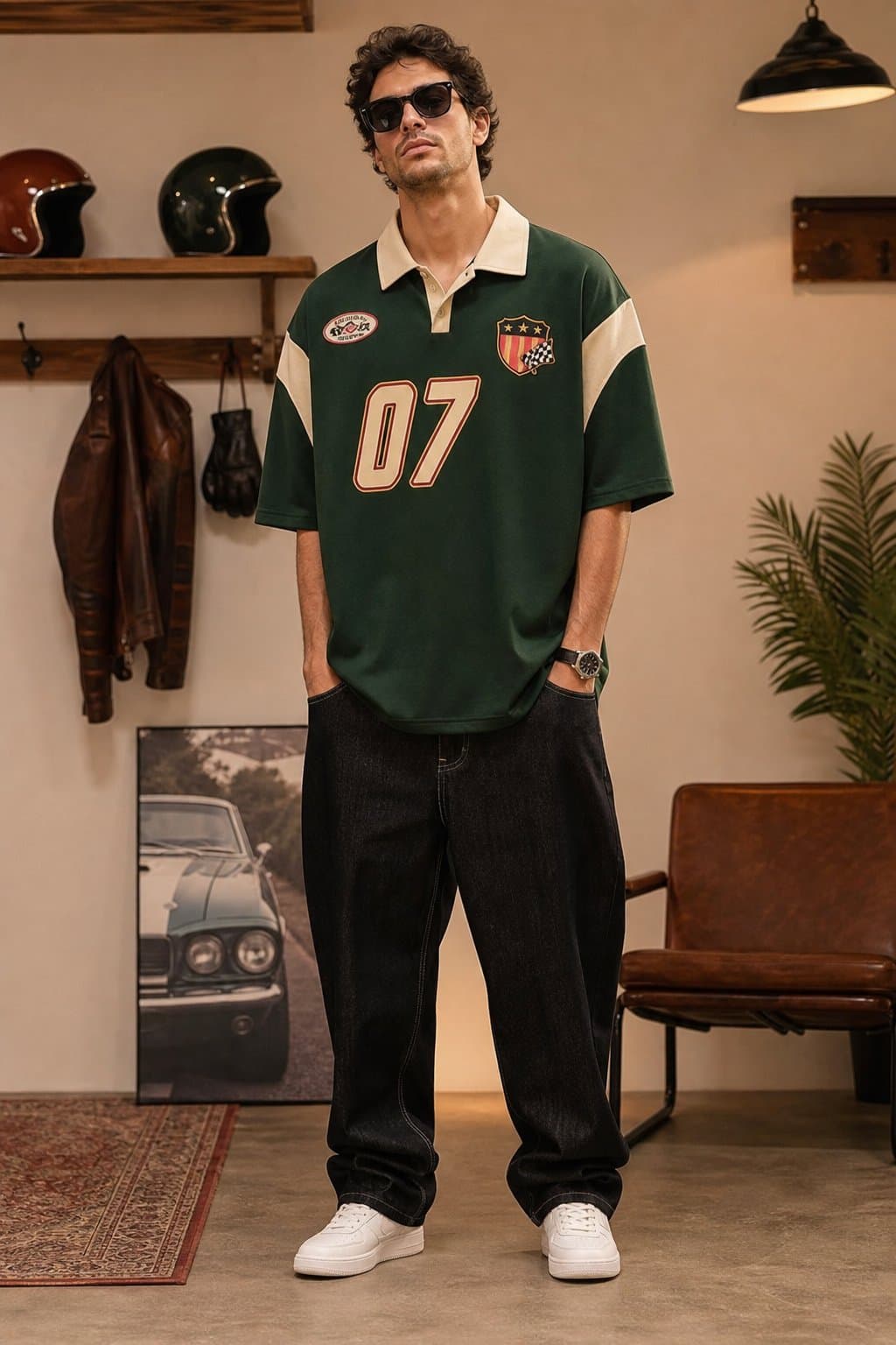 Forest Grid Racing Oversized Polo