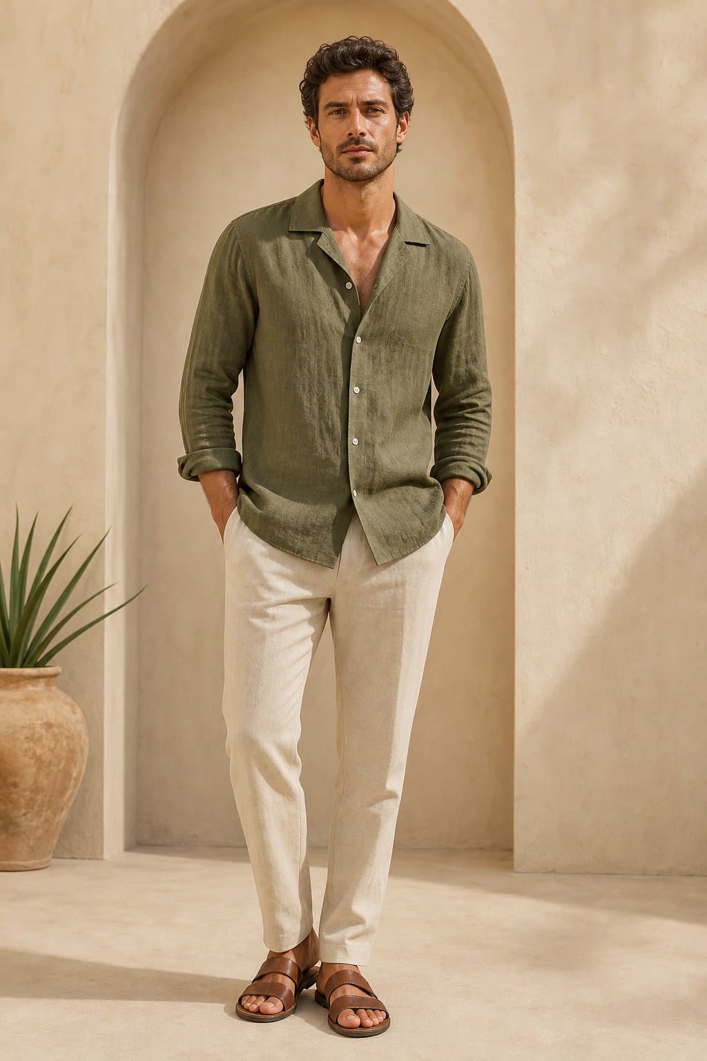 Olive Resort Linen Shirt