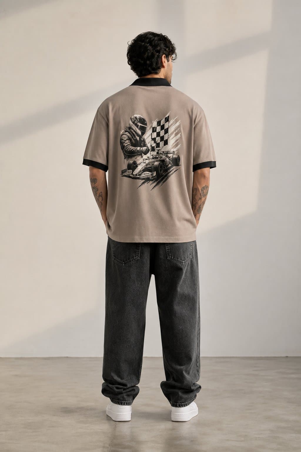 Taupe Track Racing Oversized Polo — view 2