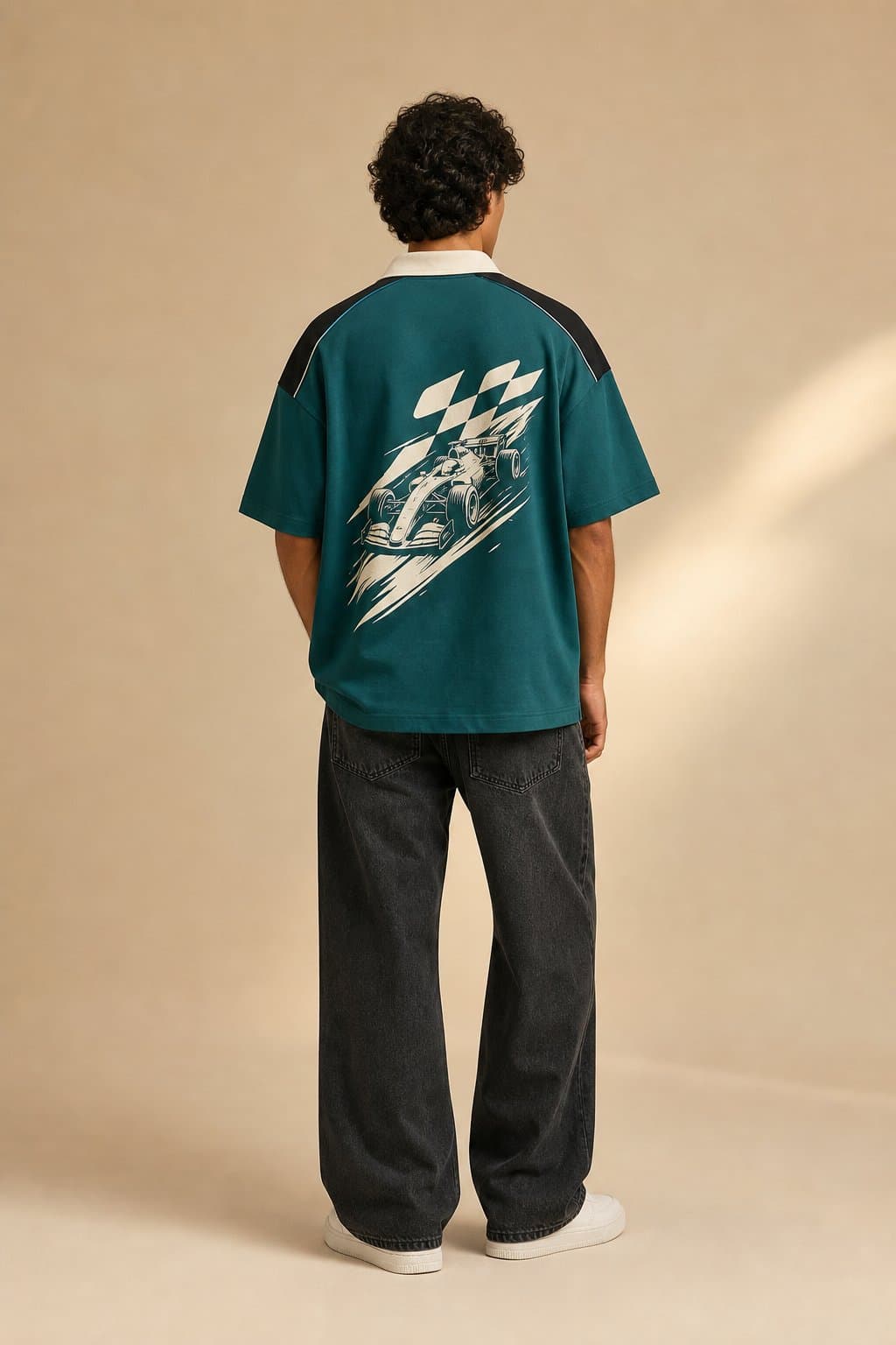 Teal Block Racing Oversized Polo — view 2