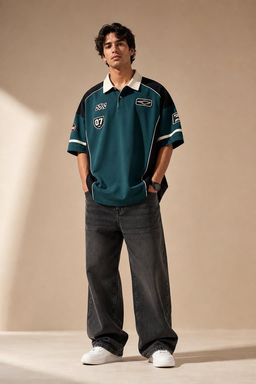 Teal Block Racing Oversized Polo