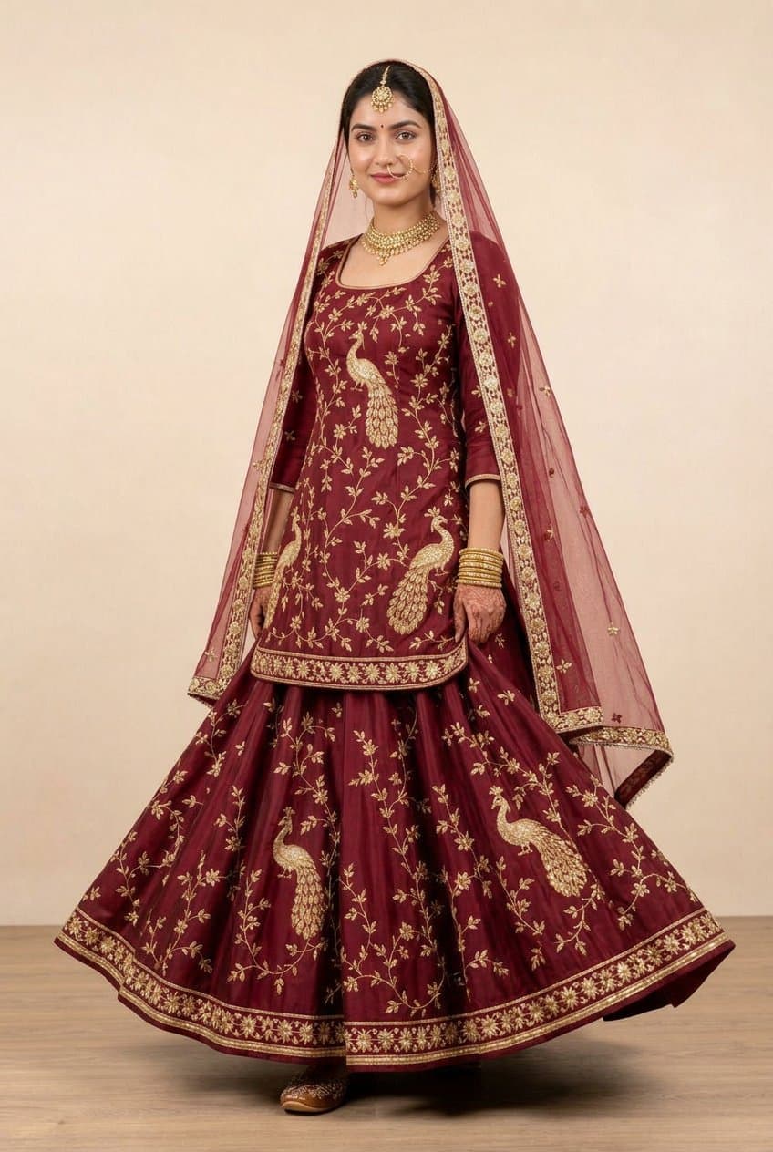 Maroon Peacock Gold Zardozi Poshak — view 2