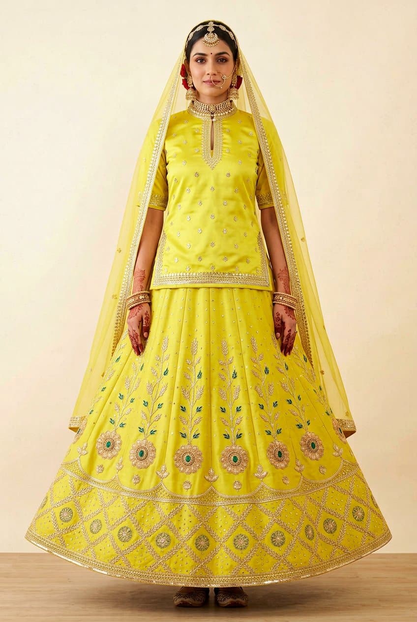 Lemon Yellow Silver Lattice Poshak