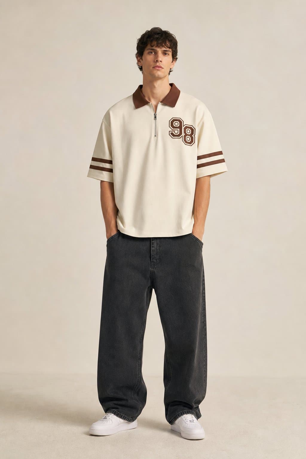 Cream Varsity Half-Zip Polo