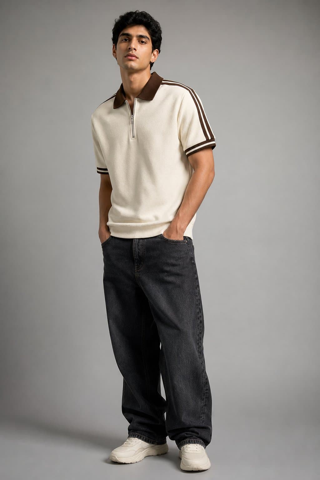 Cream Varsity Half-Zip Polo — view 2