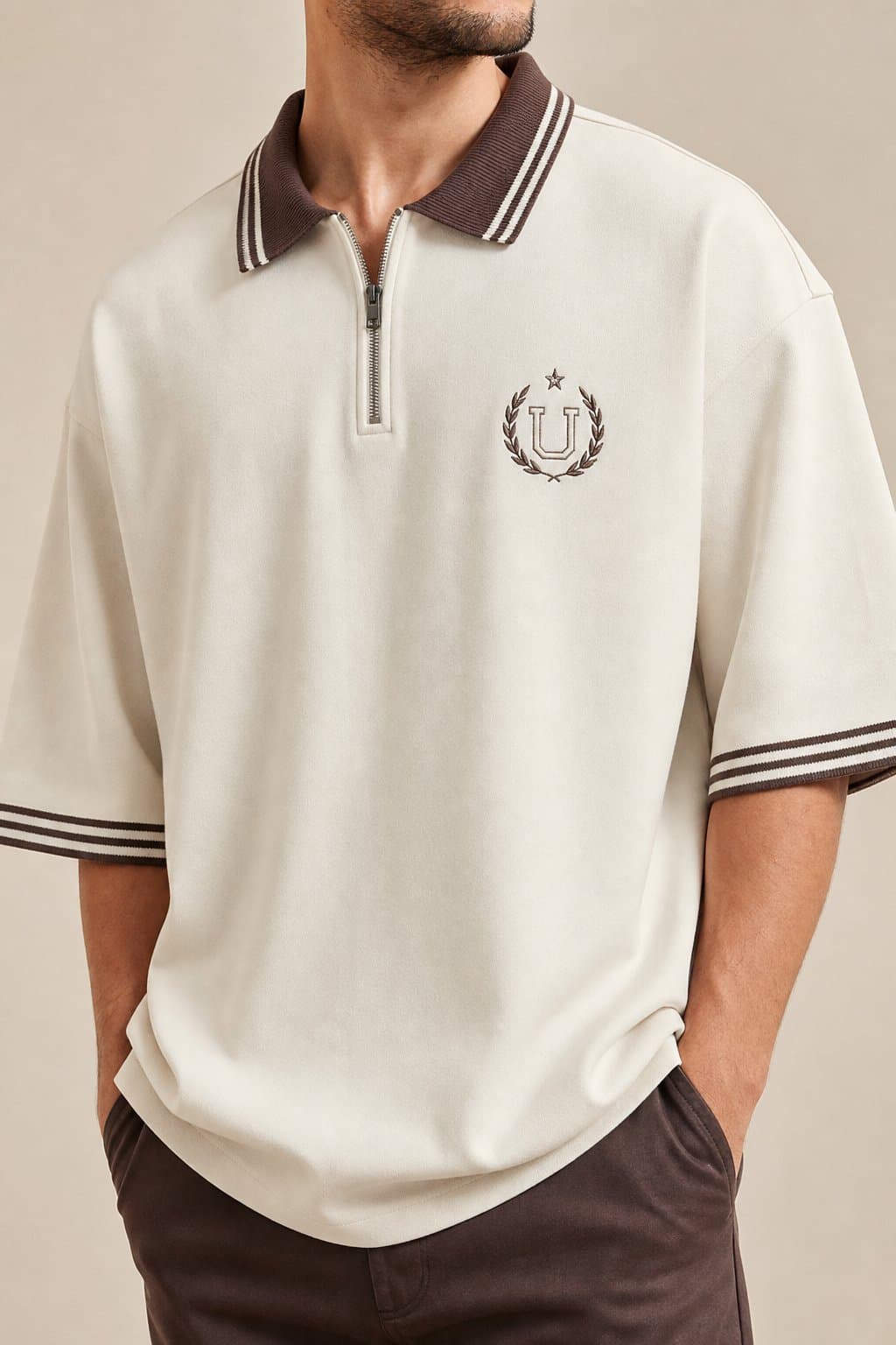 Cream Varsity Half-Zip Polo — view 3