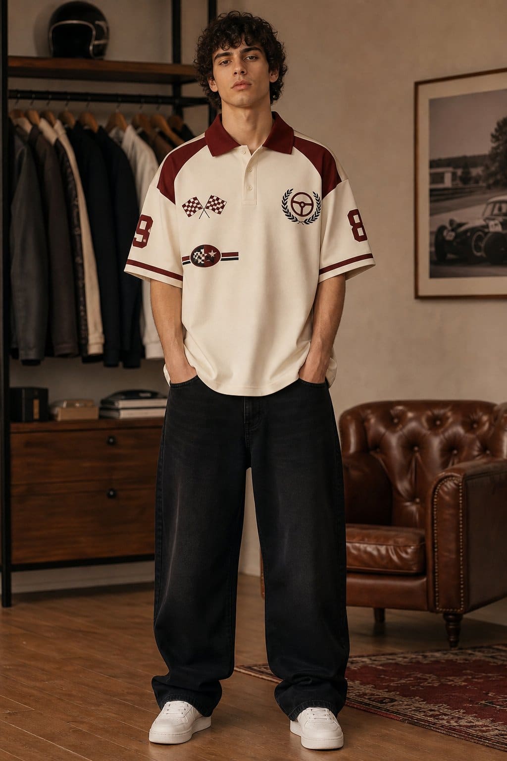 Cream Maroon Racing Oversized Polo