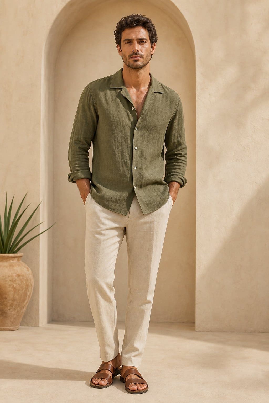 Olive Resort Linen Shirt