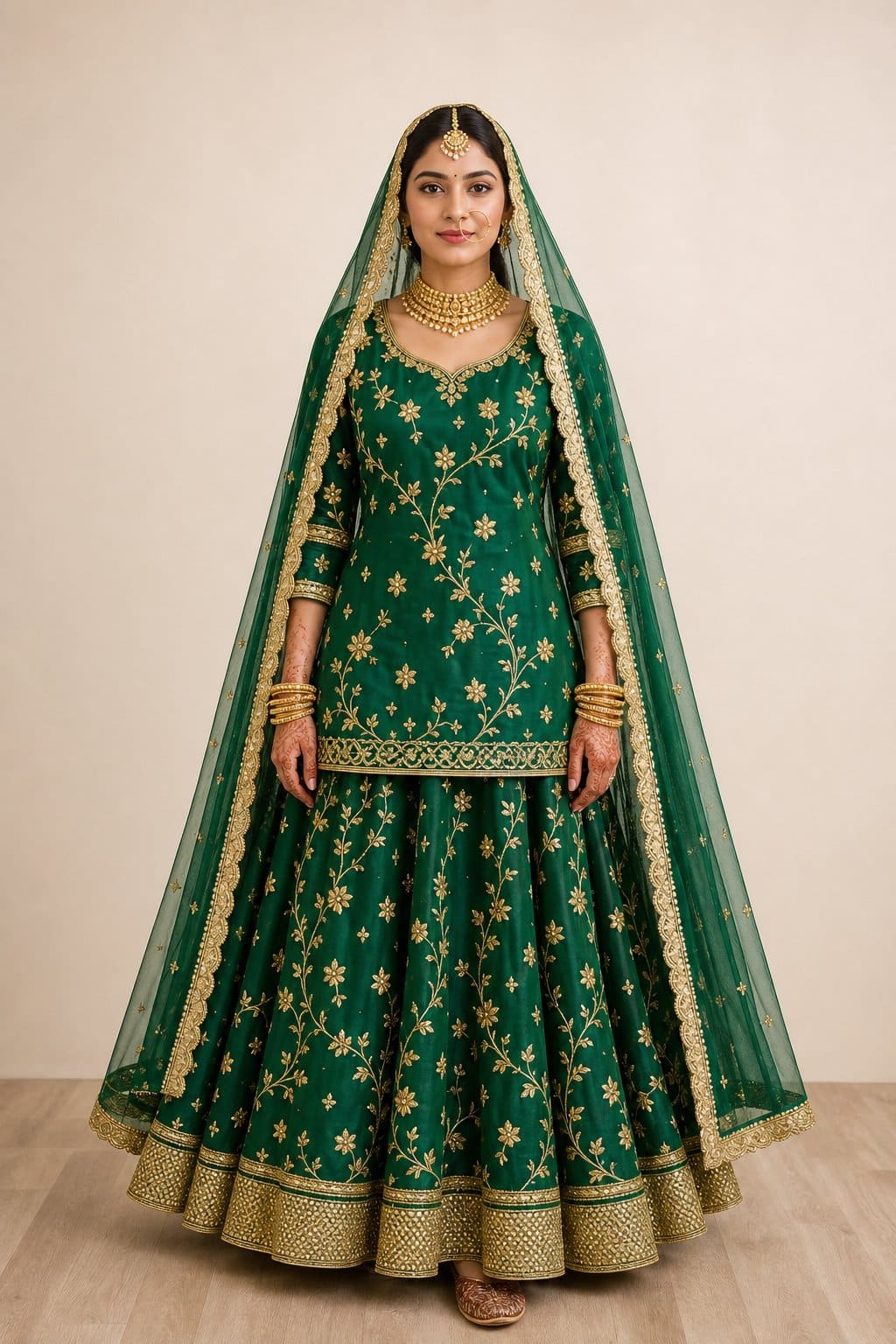 Emerald Green Gold Zardozi Poshak