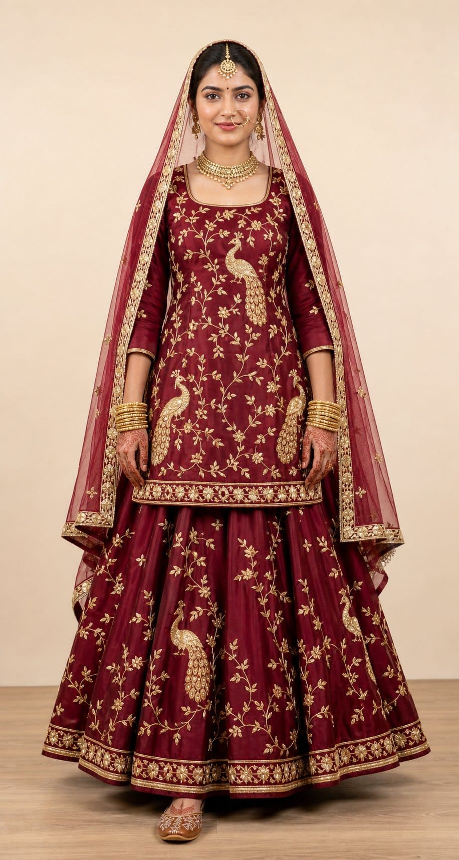 Maroon Peacock Gold Zardozi Poshak