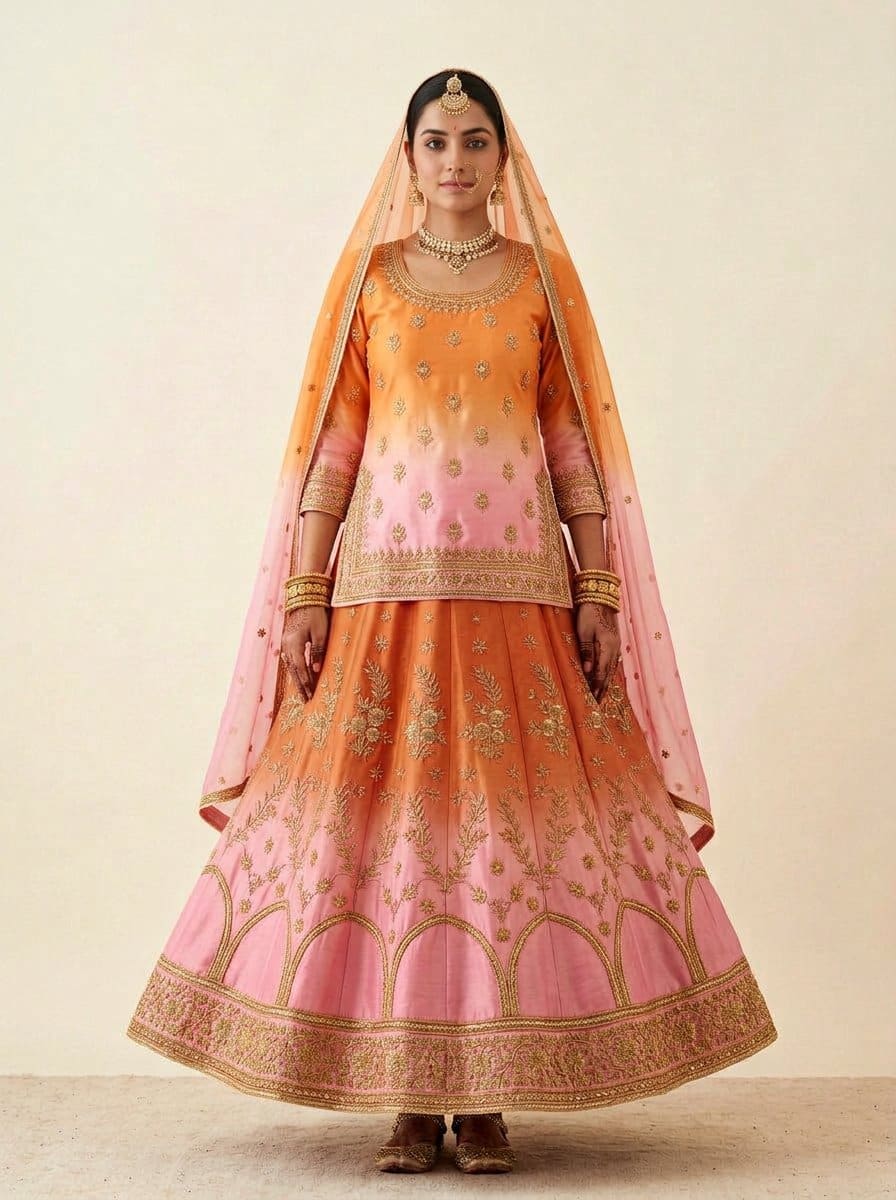 Orange Pink Ombre Zardozi Poshak