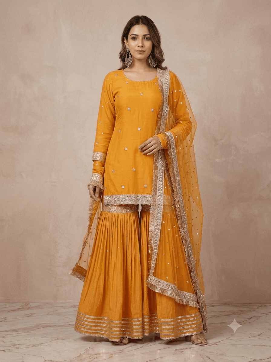 Mustard Yellow Embellished Silk Sharara — view 2