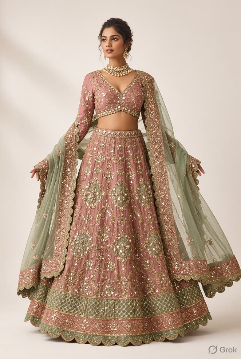 Dusty Rose & Sage Embellished Lehenga Choli